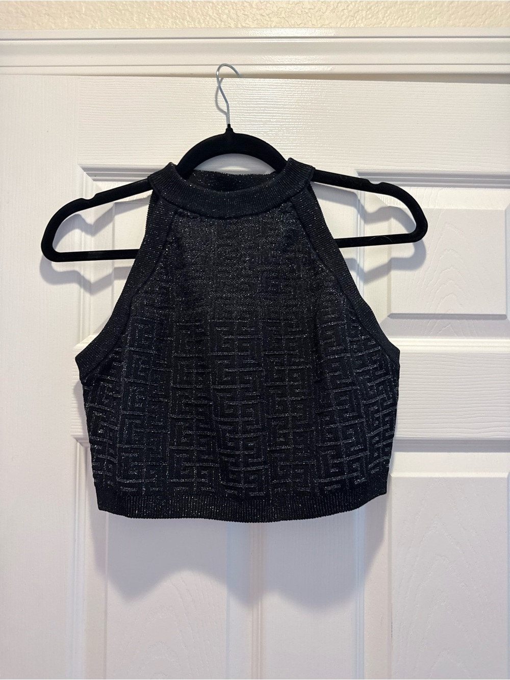 Balmain Black Halter Logo-Textured Crop Top
